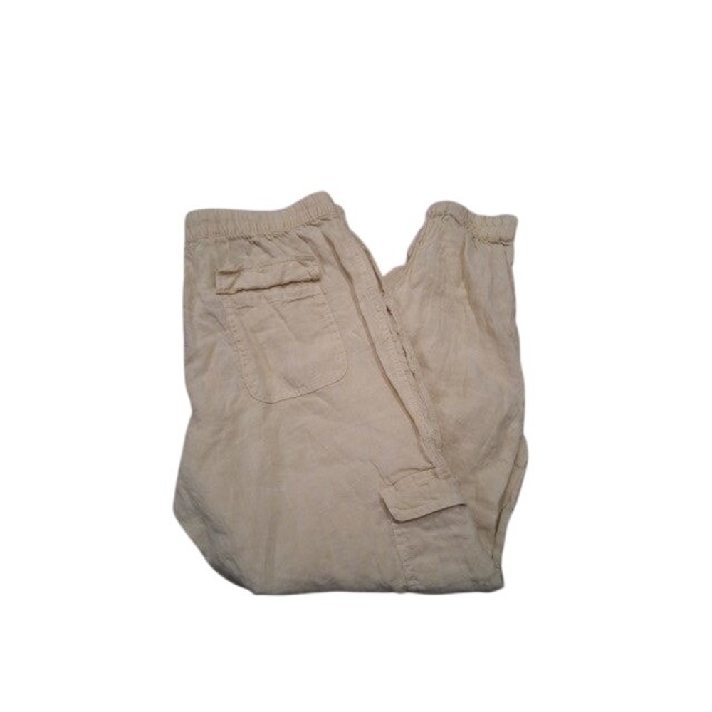 Nicole Miller New York Women L Yellow 100% Linen Cargo Joggers Elastic Waist